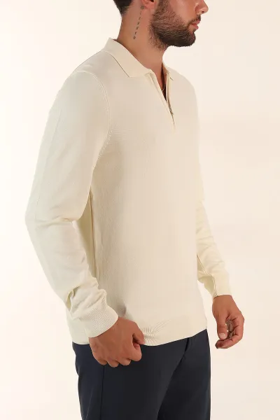 Krem Regular Fit Fermuarlı Polo Yaka Uzun Kollu Triko 393301