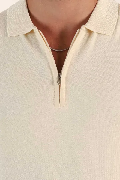 Krem Regular Fit Fermuarlı Polo Yaka Uzun Kollu Triko 393301