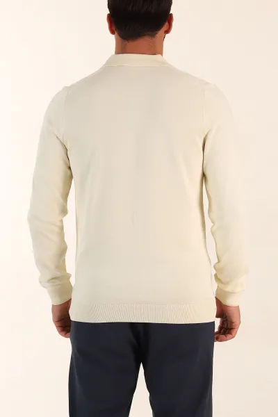 Krem Regular Fit Fermuarlı Polo Yaka Uzun Kollu Triko 393301