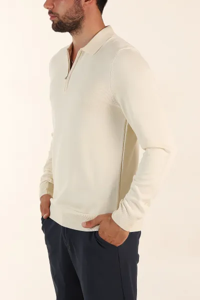 Krem Regular Fit Fermuarlı Polo Yaka Uzun Kollu Triko 393301