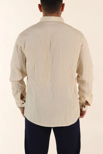 Krem Regular Fit İnce Çizgili Uzun Kollu Erkek Gömlek 369340