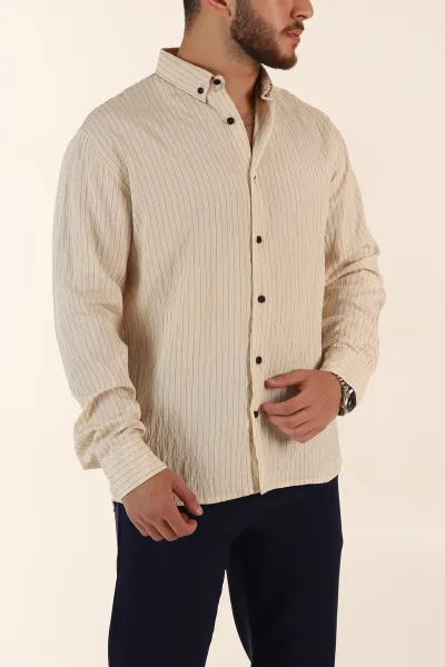 Krem Regular Fit İnce Çizgili Uzun Kollu Erkek Gömlek 369340