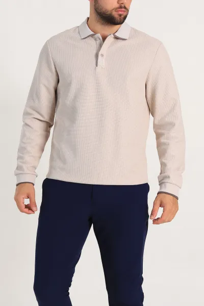 Krem Regular Fit Pike Dokulu Polo Yaka Sweatshirt 305444