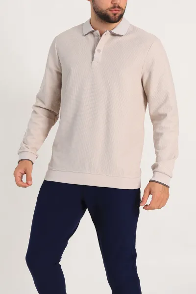 Krem Regular Fit Pike Dokulu Polo Yaka Sweatshirt 305444