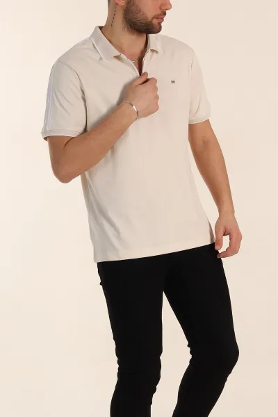 Krem Regular Fit Şerit Detaylı Polo Yaka Erkek Tişört 338447