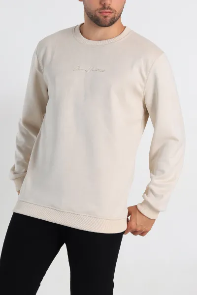 Krem Regular Fit Süet Kabartma Yazı Detaylı Erkek Sweatshirt 305857