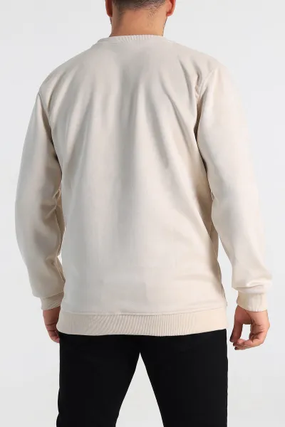 Krem Regular Fit Süet Kabartma Yazı Detaylı Erkek Sweatshirt 305857