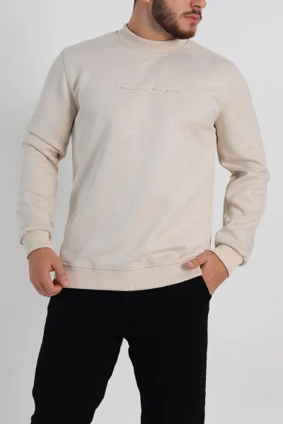 Krem Regular Fit Süet Kabartma Yazı Detaylı Erkek Sweatshirt 305898