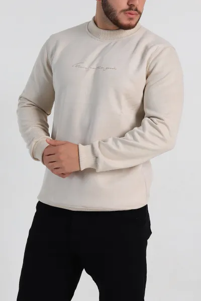 krem-regular-fit-suet-kabartma-yazi-detayli-erkek-sweatshirt-305898