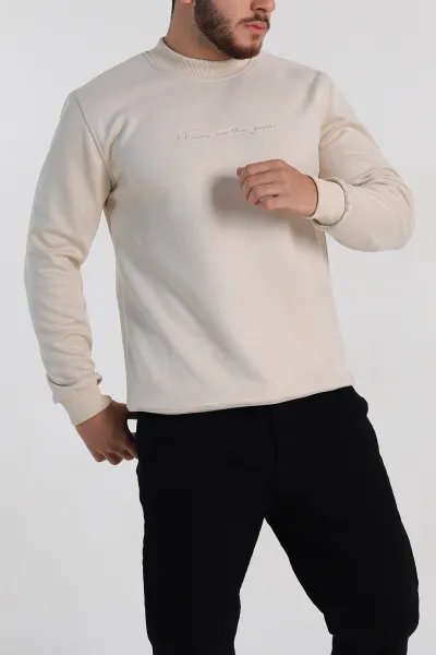 Krem Regular Fit Süet Kabartma Yazı Detaylı Erkek Sweatshirt 305898