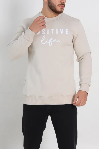 Krem Regular Fit Üç İp Şardonlu Yazı Detay Erkek Sweatshirt 308901