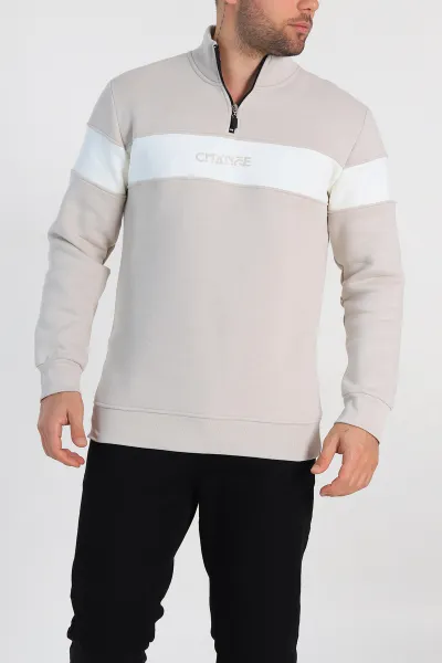 Krem Regular Fit Üç İp Şardonlu Yazı Detay Yarım Fermuarlı Erkek Sweatshirt 308894