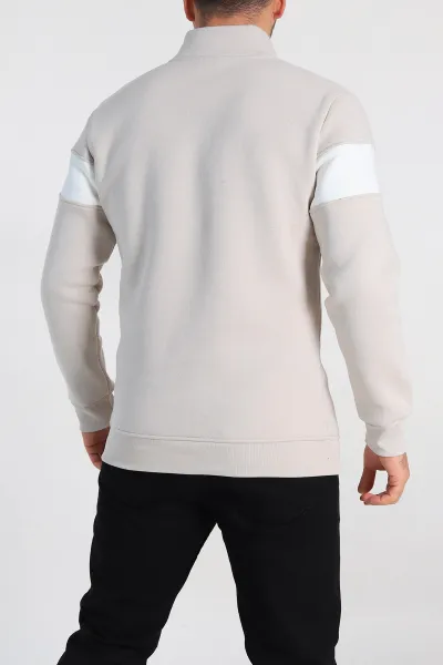 Krem Regular Fit Üç İp Şardonlu Yazı Detay Yarım Fermuarlı Erkek Sweatshirt 308894