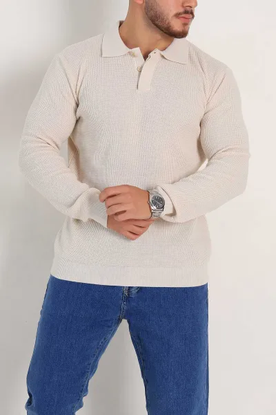 Krem Regular Fit Uzun Kollu Polo Yaka Triko 300993