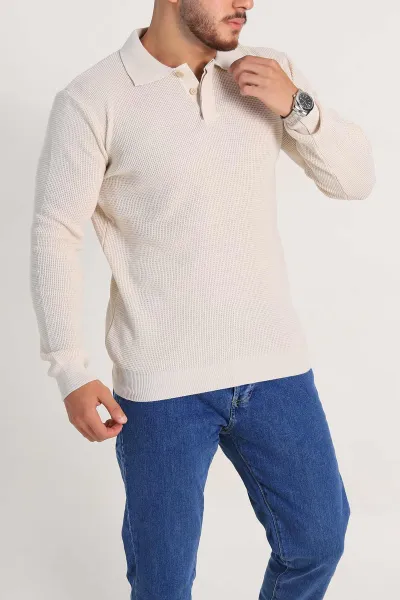 Krem Regular Fit Uzun Kollu Polo Yaka Triko 300993