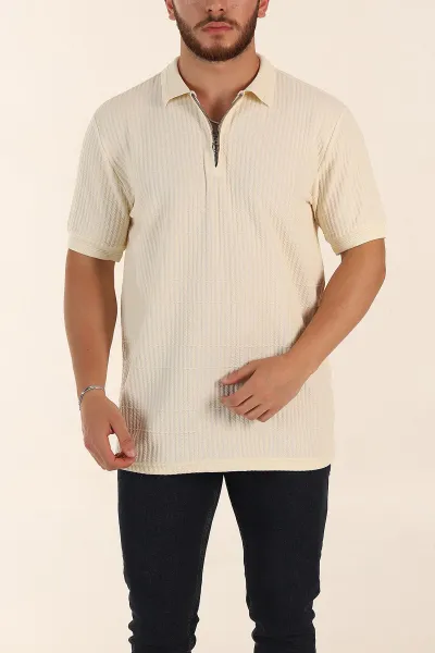 Krem Relaxed Fit Çizgi Detaylı Fermuarlı Polo Yaka Erkek Tişört 370329
