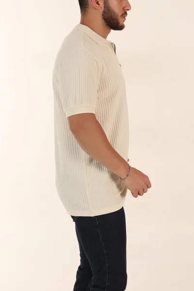 Krem Relaxed Fit Çizgi Detaylı Fermuarlı Polo Yaka Erkek Tişört 370329