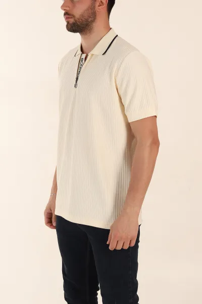 Krem Relaxed Fit Çizgili Fermuarlı Polo Yaka Erkek Tişört 370338