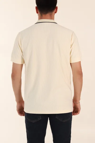 Krem Relaxed Fit Çizgili Fermuarlı Polo Yaka Erkek Tişört 370338