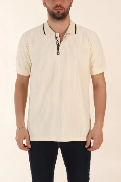 Krem Relaxed Fit Çizgili Fermuarlı Polo Yaka Erkek Tişört 370338