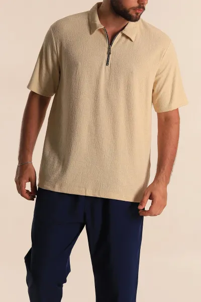 Krem Relaxed Fit Desenli Fermuarlı Polo Yaka Erkek Tişört 279210