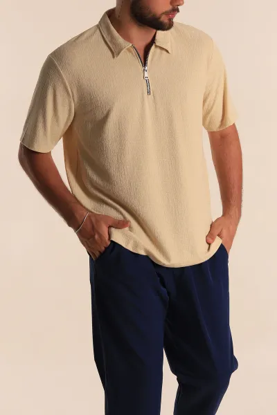Krem Relaxed Fit Desenli Fermuarlı Polo Yaka Erkek Tişört 279210