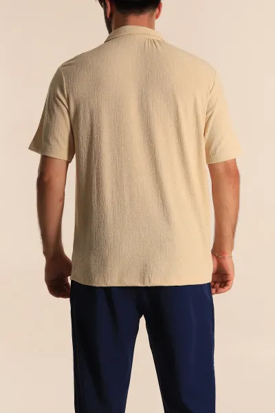 Krem Relaxed Fit Desenli Fermuarlı Polo Yaka Erkek Tişört 279210