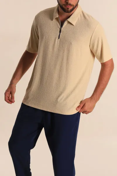 Krem Relaxed Fit Desenli Fermuarlı Polo Yaka Erkek Tişört 279210