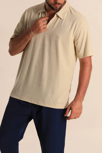 Krem Relaxed Fit Desenli Polo Yaka Erkek Tişört 279206
