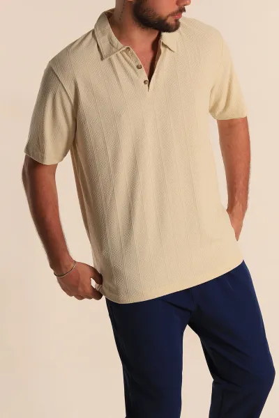 Krem Relaxed Fit Desenli Polo Yaka Erkek Tişört 279206