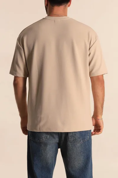 Krem Relaxed Fit Dokulu Basic Erkek Tişört 278883