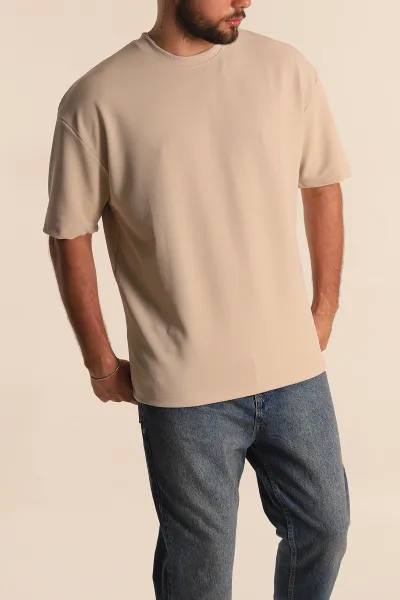 Krem Relaxed Fit Dokulu Basic Erkek Tişört 278883