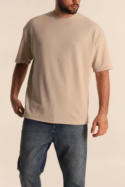 Krem Relaxed Fit Dokulu Basic Erkek Tişört 278883