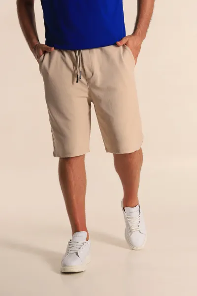 Krem Relaxed Fit Dokulu Belden Bağlamalı Erkek Şort 278906