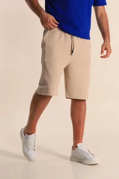 Krem Relaxed Fit Dokulu Belden Bağlamalı Erkek Şort 278906