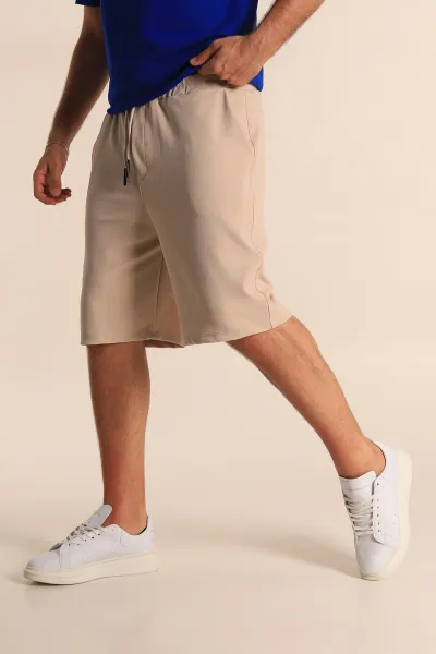 Krem Relaxed Fit Dokulu Belden Bağlamalı Erkek Şort 278906