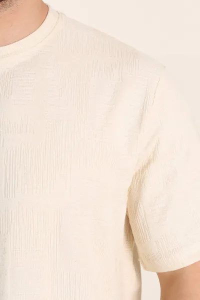 Krem Relaxed Fit Dokulu Erkek Tişört 358014