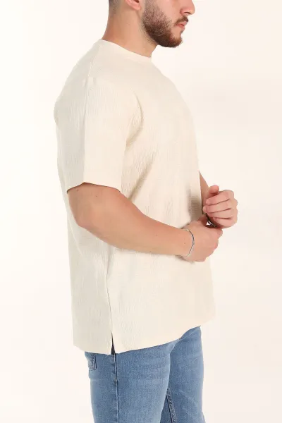 Krem Relaxed Fit Dokulu Erkek Tişört 358014