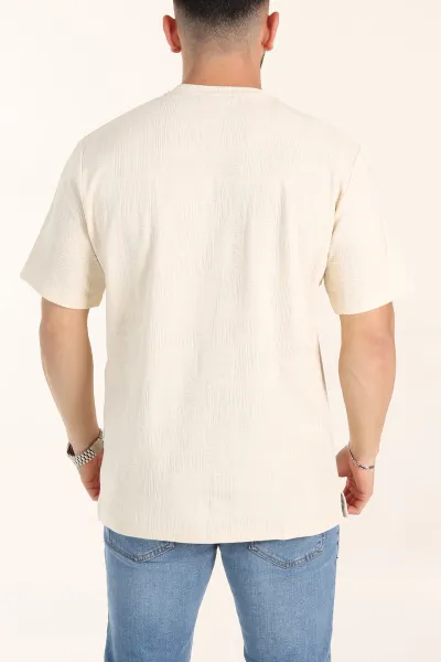 Krem Relaxed Fit Dokulu Erkek Tişört 358014