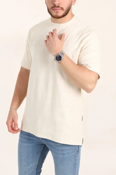 Krem Relaxed Fit Dokulu Erkek Tişört 358014