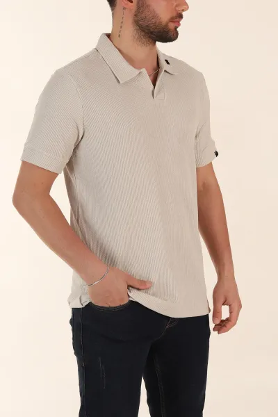 Krem Relaxed Fit Dokulu Patlı Polo Yaka Erkek Tişört 370266