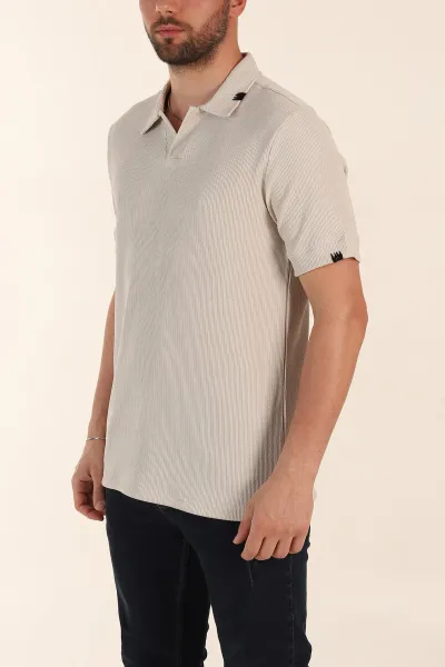 Krem Relaxed Fit Dokulu Patlı Polo Yaka Erkek Tişört 370266