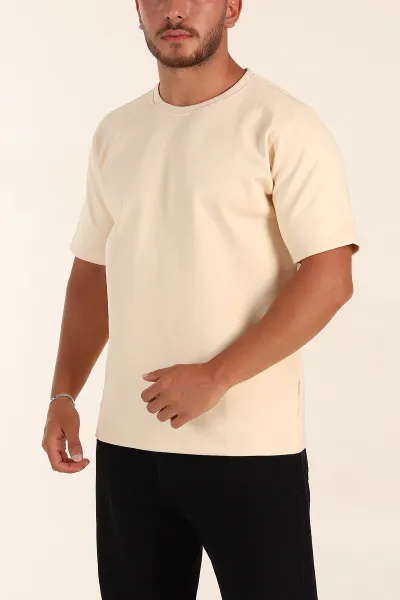Krem Relaxed Fit Double Face Basic Erkek Tişört 348938