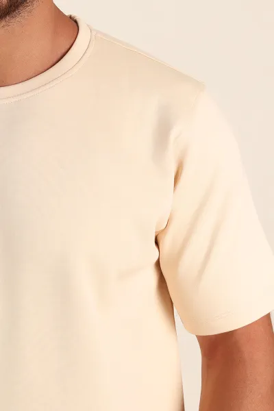 Krem Relaxed Fit Double Face Basic Erkek Tişört 348938