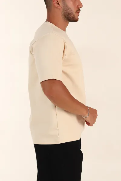 Krem Relaxed Fit Double Face Basic Erkek Tişört 348938