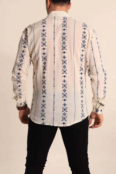 Krem Relaxed Fit Etnik Desenli Erkek Keten Gömlek 256979