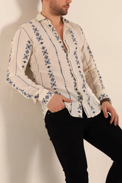 Krem Relaxed Fit Etnik Desenli Erkek Keten Gömlek 256979