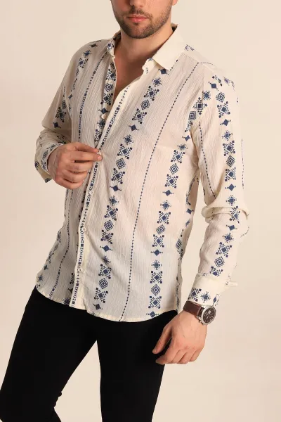 Krem Relaxed Fit Etnik Desenli Erkek Keten Gömlek 256979