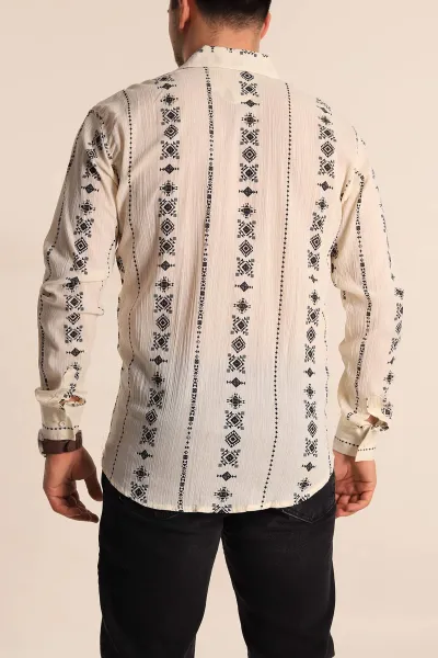 Krem Relaxed Fit Etnik Desenli Erkek Keten Gömlek 256980