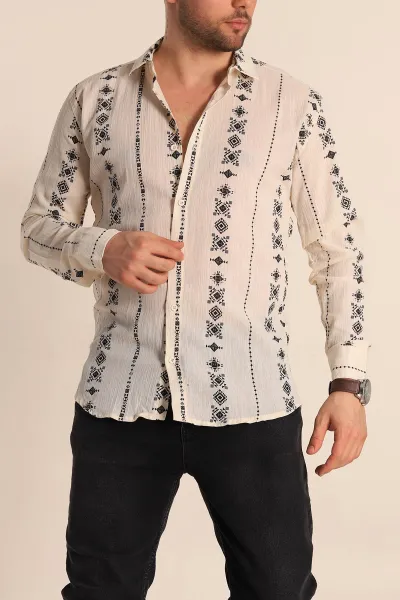 Krem Relaxed Fit Etnik Desenli Erkek Keten Gömlek 256980
